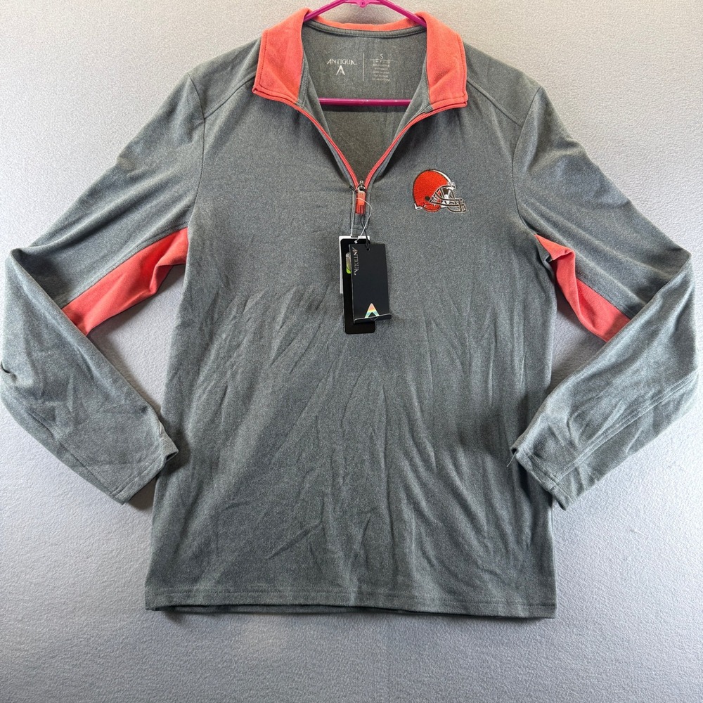 Antigua NFL Cleveland Browns Quarter Zip Pullover Gray Orange Mens Small NEW